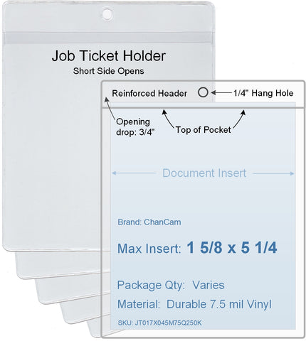 ChanCam vinyl sleeve, open short side, hanging document holder, insert size: 1 5/8 x 5 1/4, product size: 1 7/8 x 6, package quantity 100, 7.5 mil clear vinyl