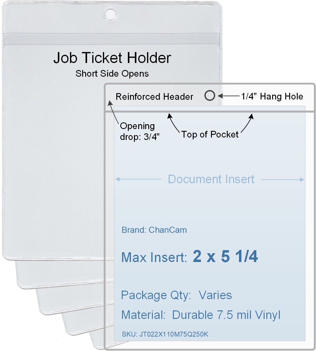 ChanCam vinyl sleeve, open short side, hanging document holder, insert size: 2 x 5 1/4, product size: 2 1/4 x 6, package quantity 100, 7.5 mil clear vinyl