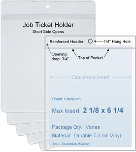 ChanCam vinyl sleeve, open short side, hanging document holder, insert size: 2 1/8 x 6 1/4, product size: 2 3/8 x 7, package quantity 100, 7.5 mil clear vinyl