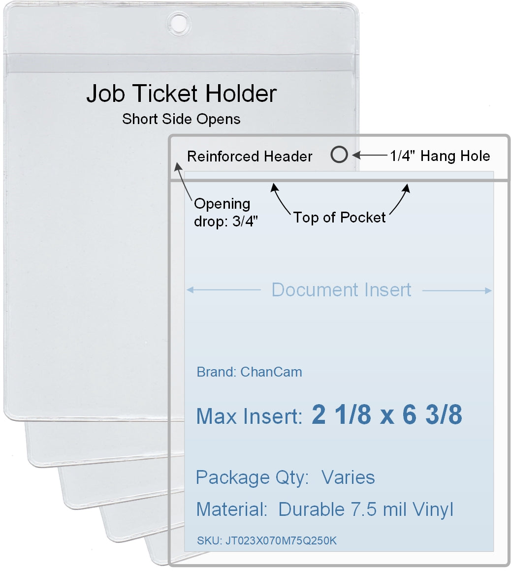 ChanCam vinyl sleeve, open short side, hanging document holder, insert size: 2 1/8 x 6 3/8, product size: 2 3/8 x 7 1/8, package quantity 100, 7.5 mil clear vinyl