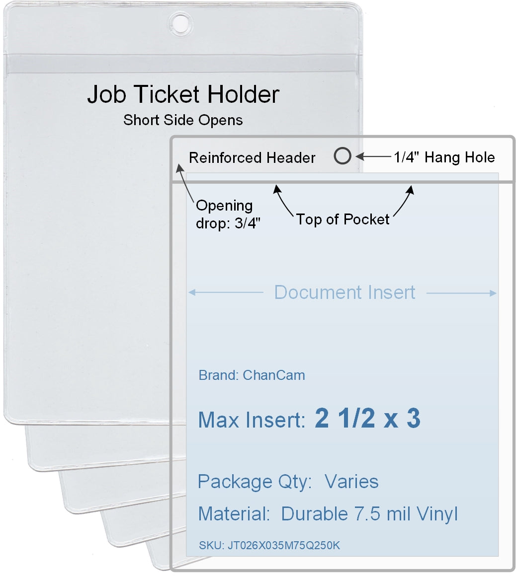 ChanCam vinyl sleeve, open short side, hanging document holder, insert size: 2 1/2 x 3, product size: 2 3/4 x 3 3/4, package quantity 100, 7.5 mil clear vinyl