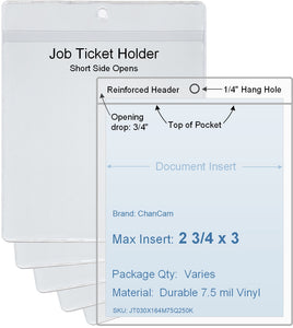 ChanCam vinyl sleeve, open short side, hanging document holder, insert size: 2 3/4 x 3, product size: 3 x 3 3/4, package quantity 100, 7.5 mil clear vinyl