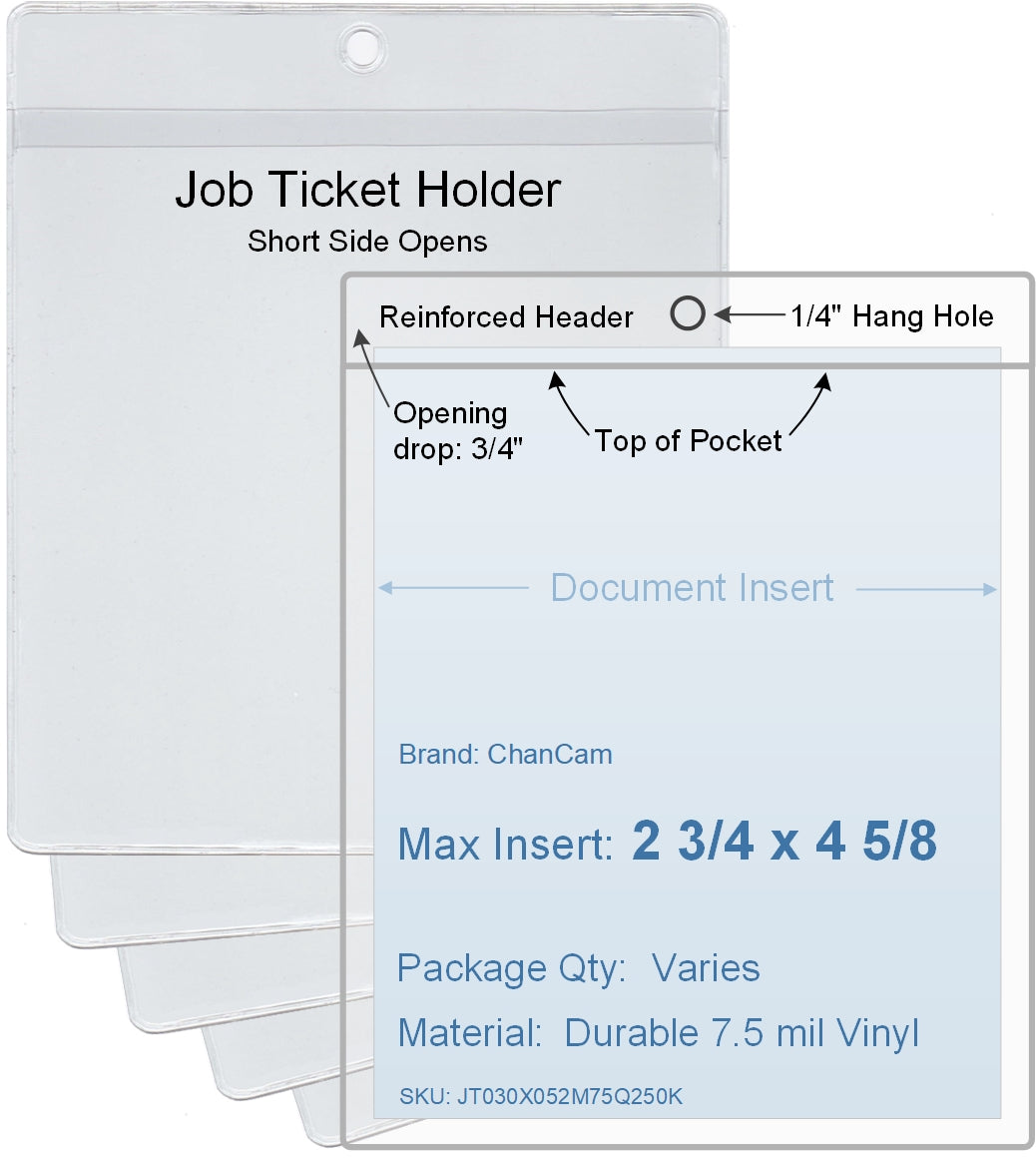 ChanCam vinyl sleeve, open short side, hanging document holder, insert size: 2 3/4 x 4 5/8, product size: 3 x 5 3/8, package quantity 100, 7.5 mil clear vinyl