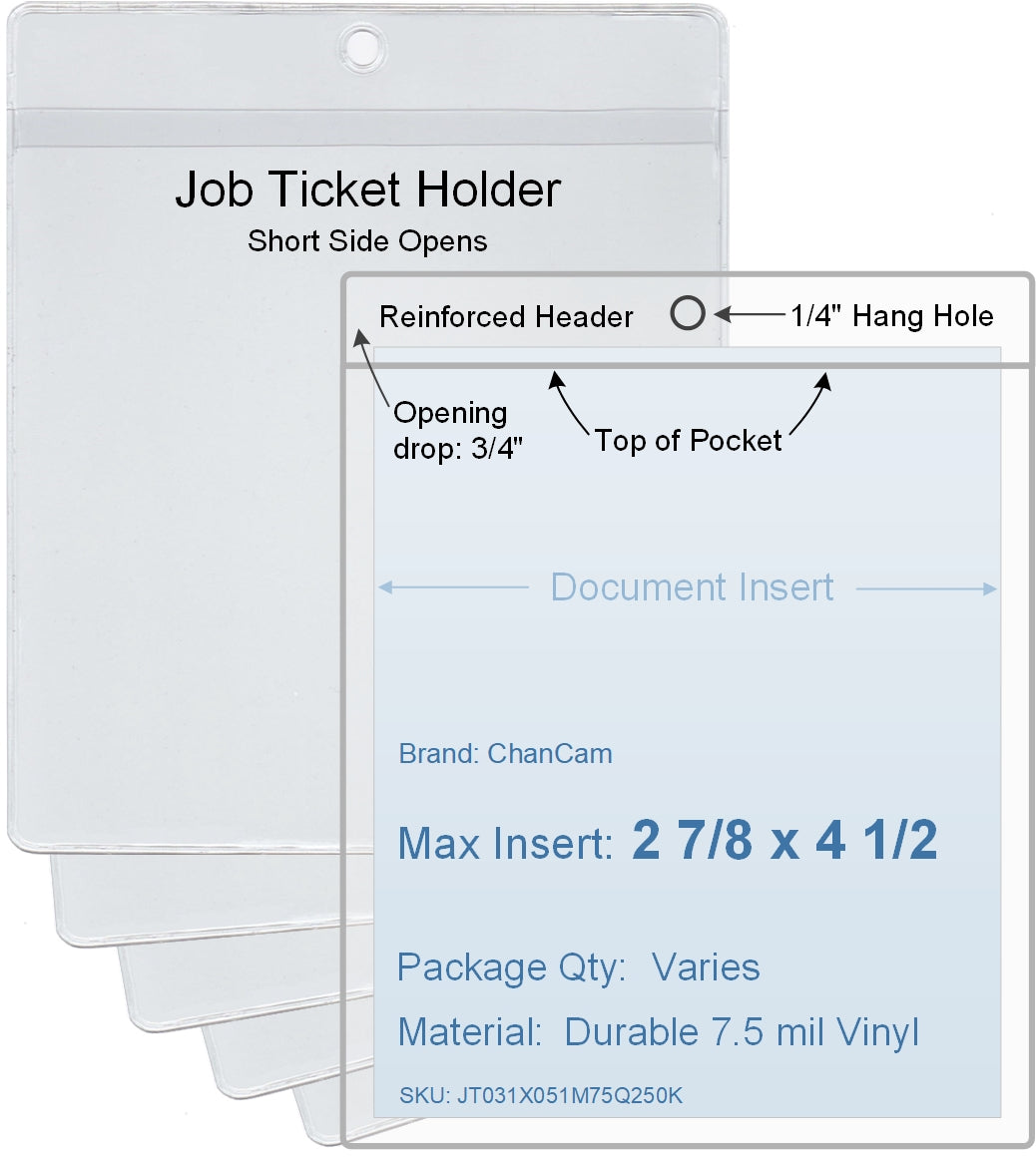 ChanCam vinyl sleeve, open short side, hanging document holder, insert size: 2 7/8 x 4 1/2, product size: 3 1/8 x 5 1/4, package quantity 100, 7.5 mil clear vinyl