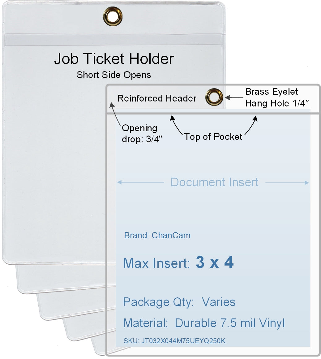 ChanCam vinyl sleeve, open short side, hanging document holder with brass eyelet, insert size: 3 x 4, product size: 3 1/4 x 4 3/4, package quantity 100, 7.5 mil clear vinyl