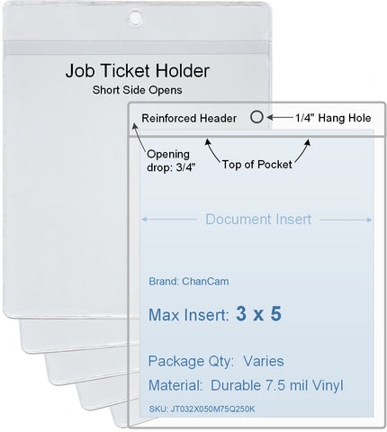 ChanCam vinyl sleeve, open short side, hanging document holder, insert size: 3 x 5, product size: 3 1/4 x 5 3/4, package quantity 100, 7.5 mil clear vinyl