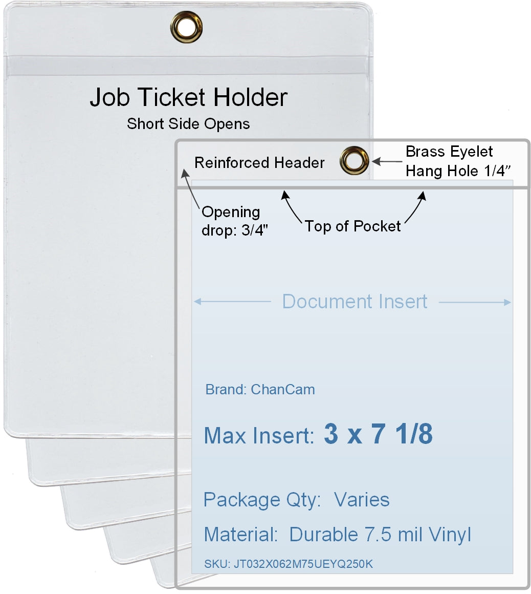 ChanCam vinyl sleeve, open short side, hanging document holder with brass eyelet, insert size: 3 x 7 1/8, product size: 3 1/4 x 7 7/8, package quantity 100, 7.5 mil clear vinyl