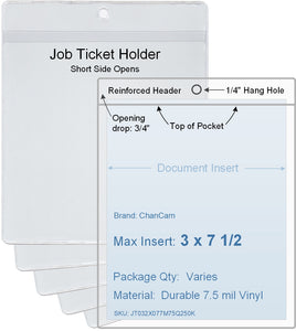 ChanCam vinyl sleeve, open short side, hanging document holder, insert size: 3 x 7 1/2, product size: 3 1/4 x 8 1/4, package quantity 100, 7.5 mil clear vinyl