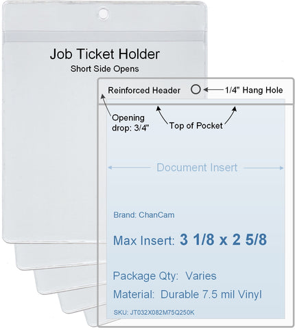 ChanCam vinyl sleeve, open long side, hanging document holder, insert size: 2 5/8 x 3 1/8, product size: 3 3/8 x 3 3/8, package quantity 100, 7.5 mil clear vinyl