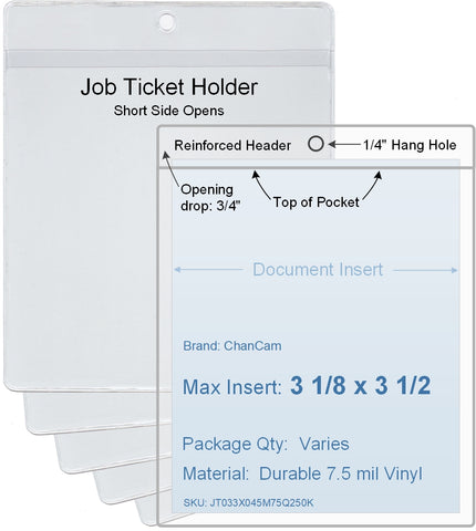 ChanCam vinyl sleeve, open short side, hanging document holder, insert size: 3 1/8 x 3 1/2, product size: 3 3/8 x 4 1/4, package quantity 100, 7.5 mil clear vinyl