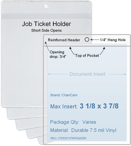 ChanCam vinyl sleeve, open short side, hanging document holder, insert size: 3 1/8 x 3 7/8, product size: 3 3/8 x 4 5/8, package quantity 100, 7.5 mil clear vinyl