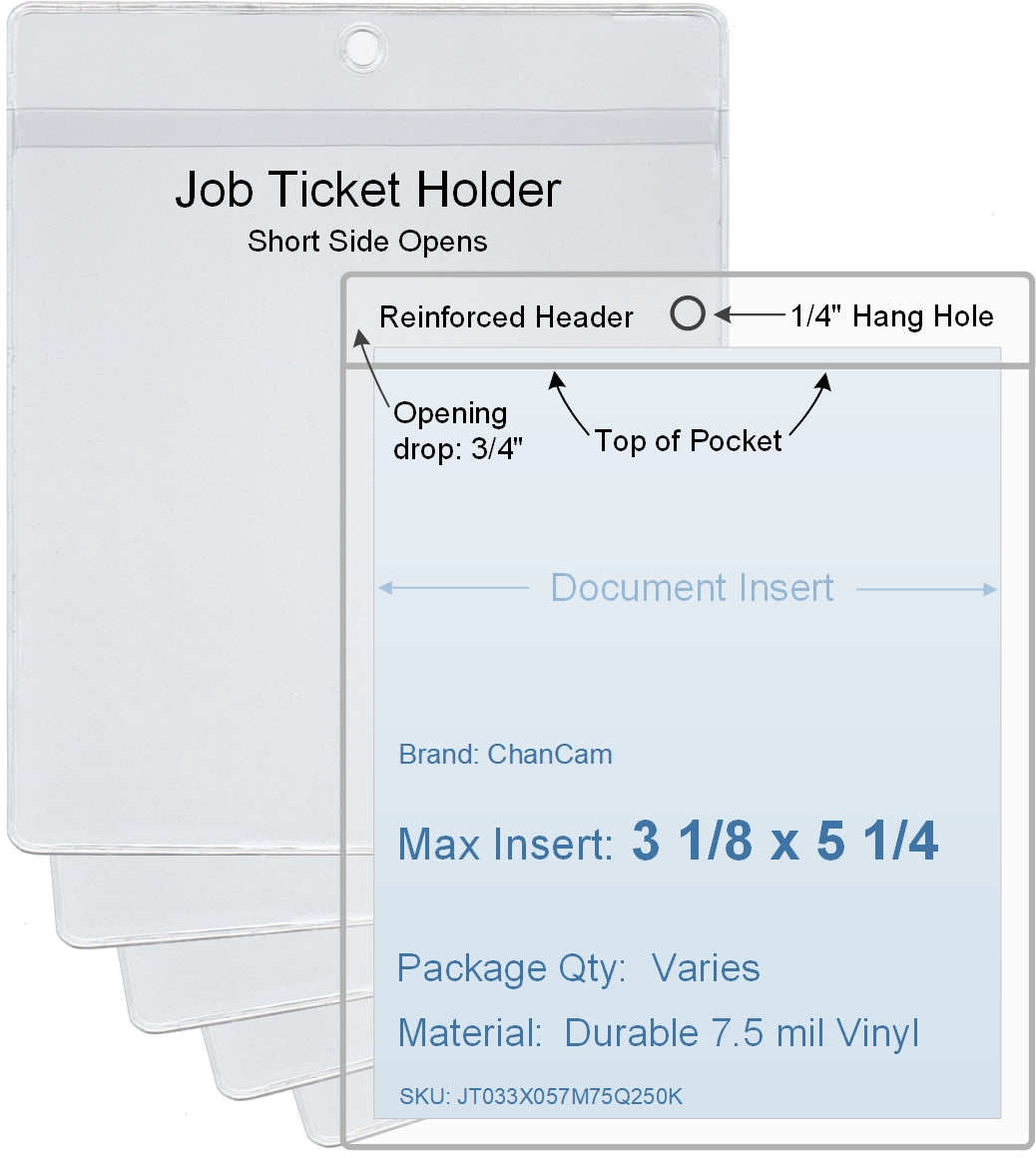 ChanCam vinyl sleeve, open short side, hanging document holder, insert size: 3 1/8 x 5 1/4, product size: 3 3/8 x 6, package quantity 100, 7.5 mil clear vinyl