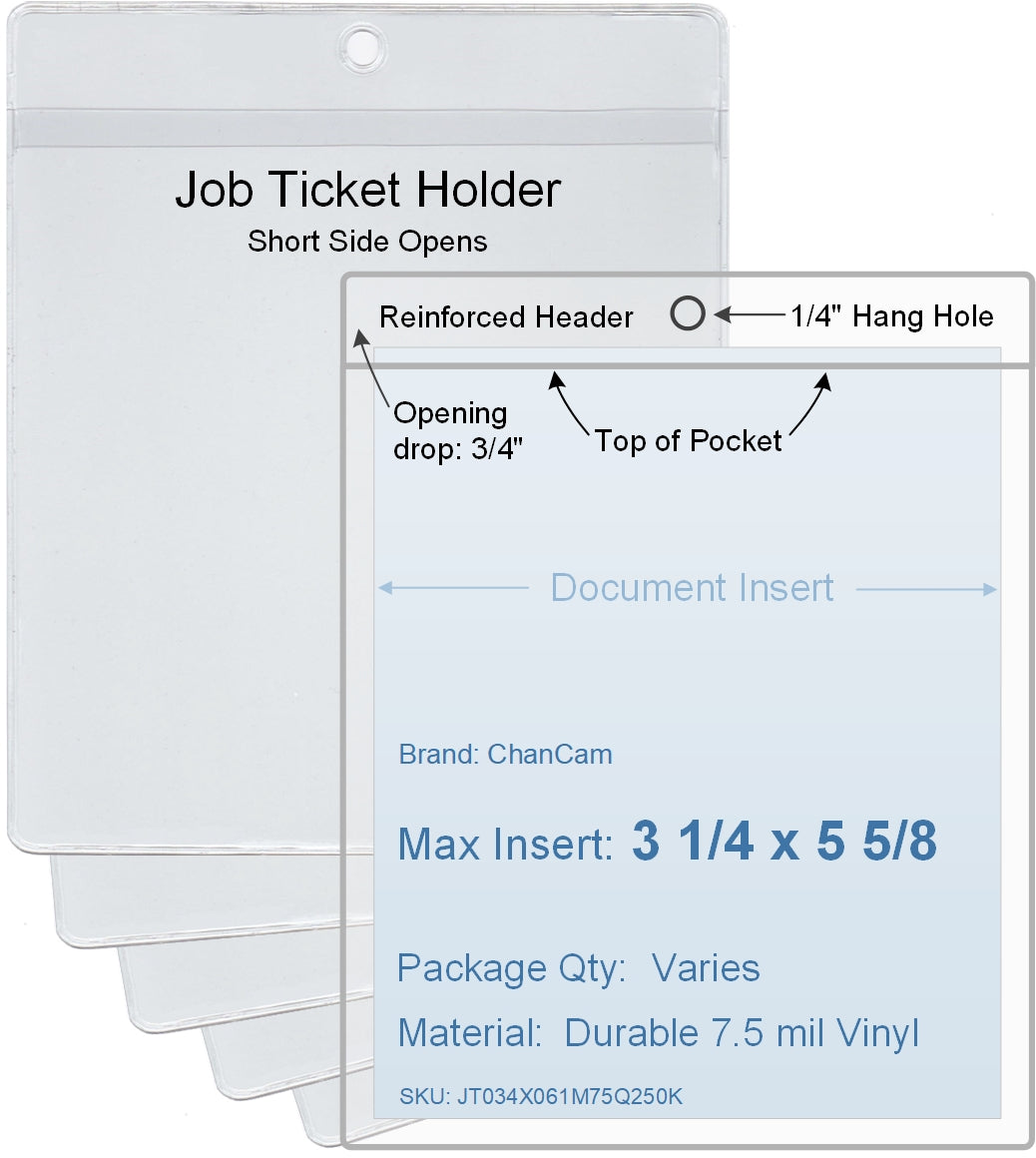 ChanCam vinyl sleeve, open short side, hanging document holder, insert size: 3 1/4 x 5 5/8, product size: 3 1/2 x 6 3/8, package quantity 100, 7.5 mil clear vinyl