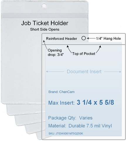 ChanCam vinyl sleeve, open short side, hanging document holder, insert size: 3 1/4 x 5 5/8, product size: 3 1/2 x 6 3/8, package quantity 100, 7.5 mil clear vinyl