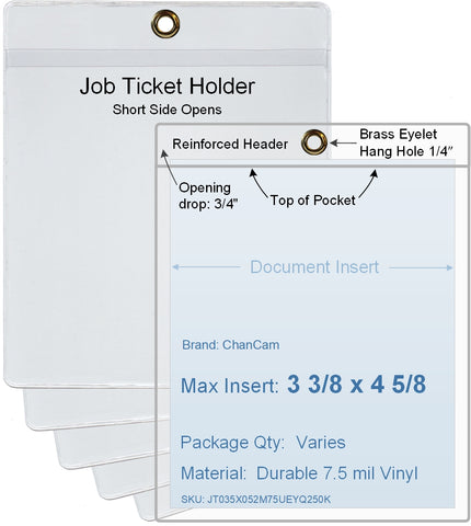 ChanCam vinyl sleeve, open short side, hanging document holder with brass eyelet, insert size: 3 3/8 x 4 5/8, product size: 3 5/8 x 5 3/8, package quantity 100, 7.5 mil clear vinyl