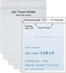 ChanCam vinyl sleeve, open short side, hanging document holder, insert size: 3 3/8 x 5, product size: 3 5/8 x 5 3/4, package quantity 100, 7.5 mil clear vinyl