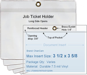 ChanCam vinyl sleeve, open long side, hanging document holder with brass eyelet, insert size: 3 1/2 x 3 5/8, product size: 4 1/4 x 3 7/8, package quantity 100, 7.5 mil clear vinyl