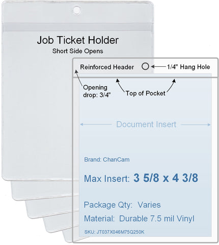 ChanCam vinyl sleeve, open short side, hanging document holder, insert size: 3 5/8 x 4 3/8, product size: 3 7/8 x 5 1/8, package quantity 100, 7.5 mil clear vinyl