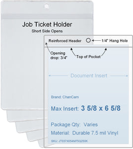 ChanCam vinyl sleeve, open short side, hanging document holder, insert size: 3 5/8 x 6 5/8, product size: 3 7/8 x 7 3/8, package quantity 100, 7.5 mil clear vinyl