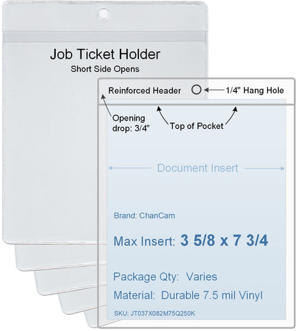 ChanCam vinyl sleeve, open short side, hanging document holder, insert size: 3 5/8 x 7 3/4, product size: 3 7/8 x 8 1/2, package quantity 100, 7.5 mil clear vinyl