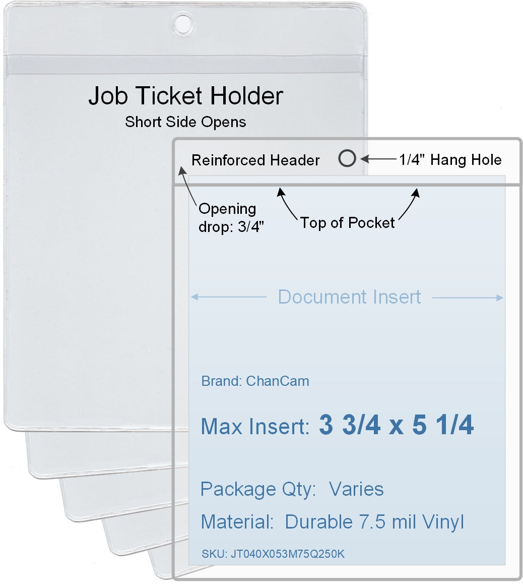 ChanCam vinyl sleeve, open short side, hanging document holder, insert size: 3 3/4 x 5 1/4, product size: 4 x 6, package quantity 100, 7.5 mil clear vinyl