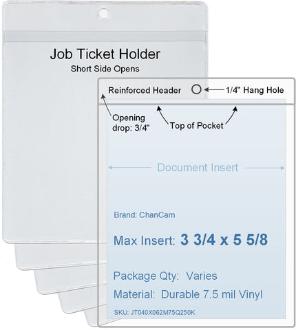 ChanCam vinyl sleeve, open short side, hanging document holder, insert size: 3 3/4 x 5 5/8, product size: 4 x 6 3/8, package quantity 100, 7.5 mil clear vinyl