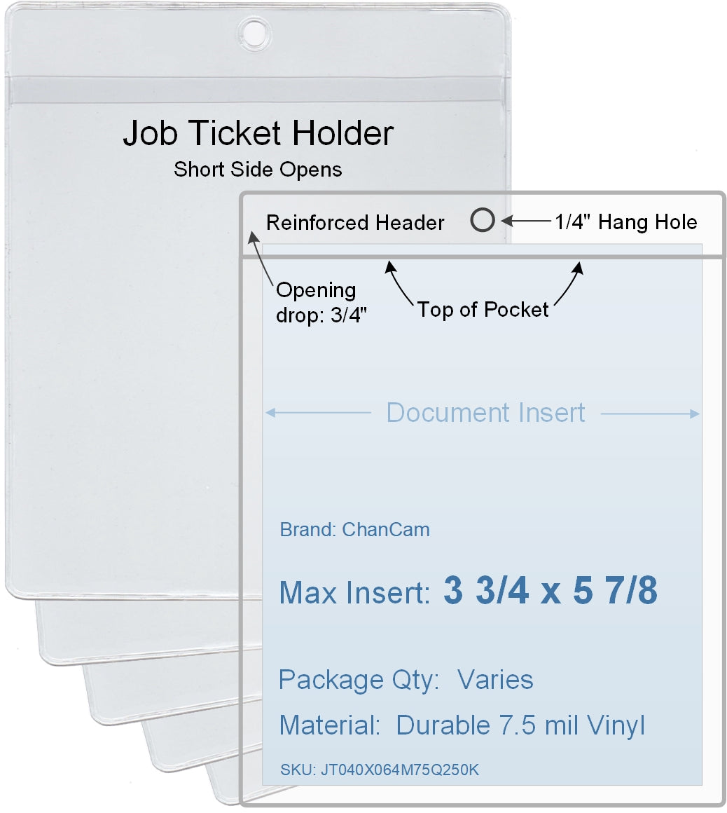 ChanCam vinyl sleeve, open short side, hanging document holder, insert size: 3 3/4 x 5 7/8, product size: 4 x 6 5/8, package quantity 100, 7.5 mil clear vinyl