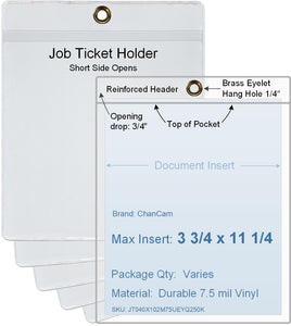 ChanCam vinyl sleeve, open short side, hanging document holder with brass eyelet, insert size: 3 3/4 x 11 1/4, product size: 4 x 12, package quantity 100, 7.5 mil clear vinyl