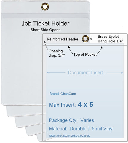 ChanCam vinyl sleeve, open short side, hanging document holder with brass eyelet, insert size: 4 x 5, product size: 4 1/4 x 5 3/4, package quantity 100, 7.5 mil clear vinyl