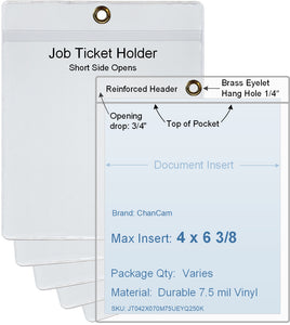 ChanCam vinyl sleeve, open short side, hanging document holder with brass eyelet, insert size: 4 x 6 3/8, product size: 4 1/4 x 7 1/8, package quantity 100, 7.5 mil clear vinyl