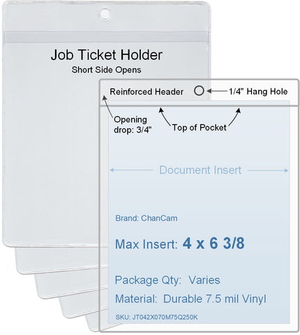 ChanCam vinyl sleeve, open short side, hanging document holder, insert size: 4 x 6 3/8, product size: 4 1/4 x 7 1/8, package quantity 100, 7.5 mil clear vinyl