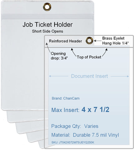 ChanCam vinyl sleeve, open short side, hanging document holder with brass eyelet, insert size: 4 x 7 1/2, product size: 4 1/4 x 8 1/4, package quantity 100, 7.5 mil clear vinyl