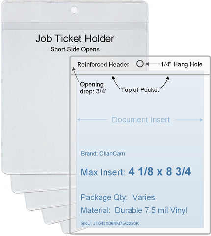 ChanCam vinyl sleeve, open short side, hanging document holder, insert size: 4 1/8 x 8 3/4, product size: 4 3/8 x 9 1/2, package quantity 100, 7.5 mil clear vinyl