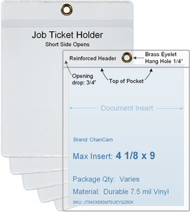 ChanCam vinyl sleeve, open short side, hanging document holder with brass eyelet, insert size: 4 1/8 x 9, product size: 4 3/8 x 9 3/4, package quantity 100, 7.5 mil clear vinyl