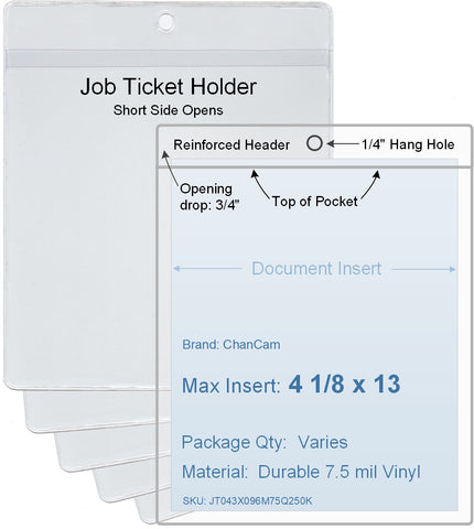 ChanCam vinyl sleeve, open short side, hanging document holder, insert size: 4 1/8 x 13, product size: 4 3/8 x 13 3/4, package quantity 100, 7.5 mil clear vinyl