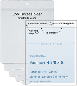 ChanCam vinyl sleeve, open short side, hanging document holder, insert size: 4 3/8 x 5, product size: 4 5/8 x 5 3/4, package quantity 100, 7.5 mil clear vinyl