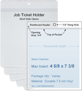 ChanCam vinyl sleeve, open short side, hanging document holder, insert size: 4 5/8 x 7 3/8, product size: 4 7/8 x 8 1/8, package quantity 100, 7.5 mil clear vinyl