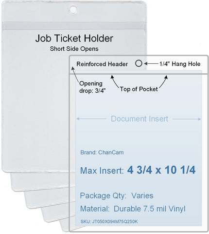 ChanCam vinyl sleeve, open short side, hanging document holder, insert size: 4 3/4 x 10 1/4, product size: 5 x 11, package quantity 100, 7.5 mil clear vinyl