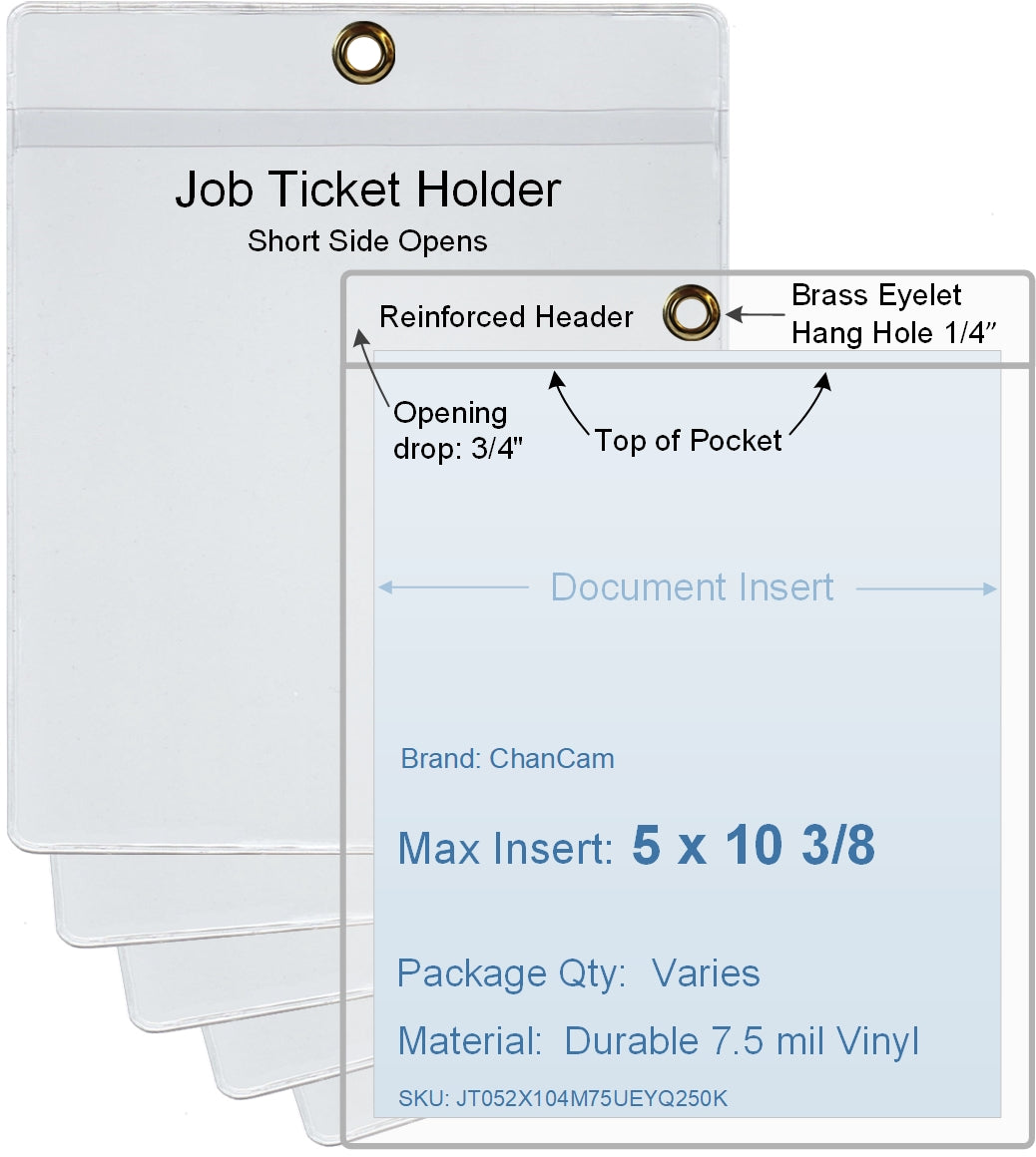 ChanCam vinyl sleeve, open short side, hanging document holder with brass eyelet, insert size: 5 x 10 3/8, product size: 5 1/4 x 11 1/8, package quantity 100, 7.5 mil clear vinyl