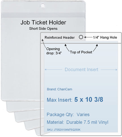 ChanCam vinyl sleeve, open short side, hanging document holder, insert size: 5 x 10 3/8, product size: 5 1/4 x 11 1/8, package quantity 100, 7.5 mil clear vinyl