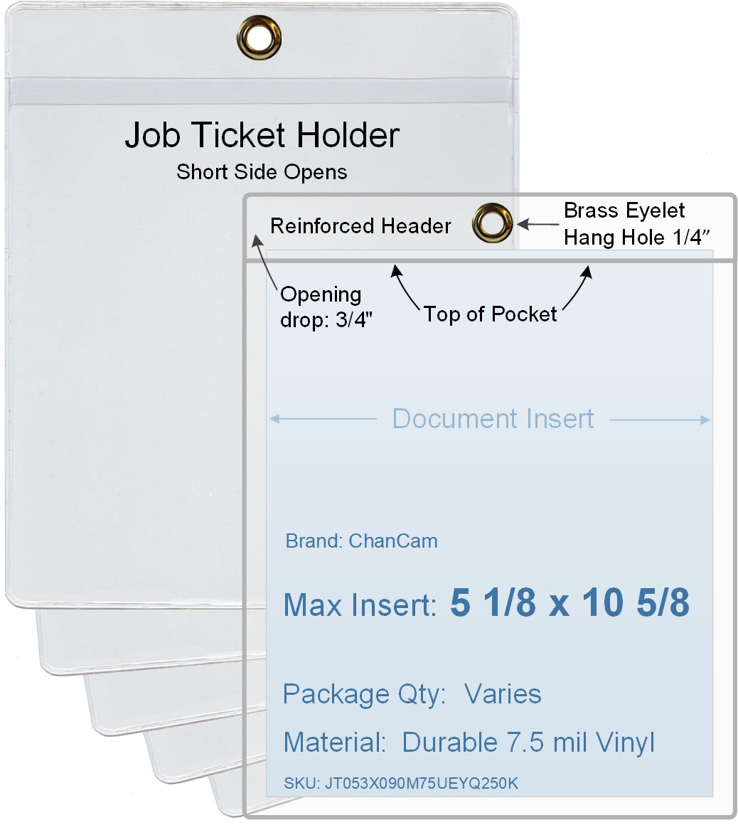 ChanCam vinyl sleeve, open short side, hanging document holder with brass eyelet, insert size: 5 1/8 x 10 5/8, product size: 5 3/8 x 11 3/8, package quantity 100, 7.5 mil clear vinyl