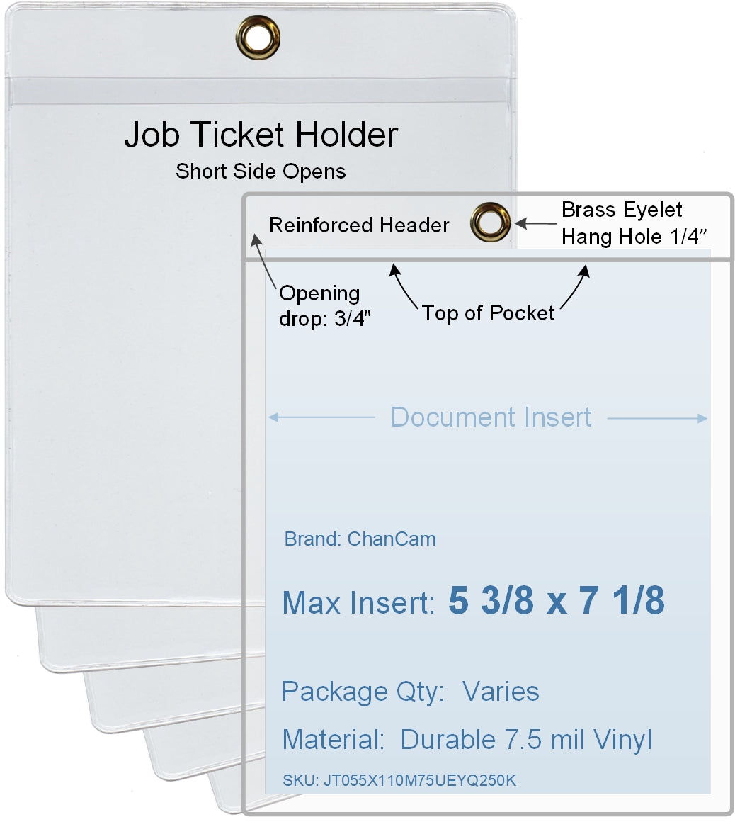 ChanCam vinyl sleeve, open short side, hanging document holder with brass eyelet, insert size: 5 3/8 x 7 1/8, product size: 5 5/8 x 7 7/8, package quantity 100, 7.5 mil clear vinyl