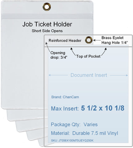 ChanCam vinyl sleeve, open short side, hanging document holder with brass eyelet, insert size: 5 1/2 x 10 1/8, product size: 5 3/4 x 10 7/8, package quantity 100, 7.5 mil clear vinyl