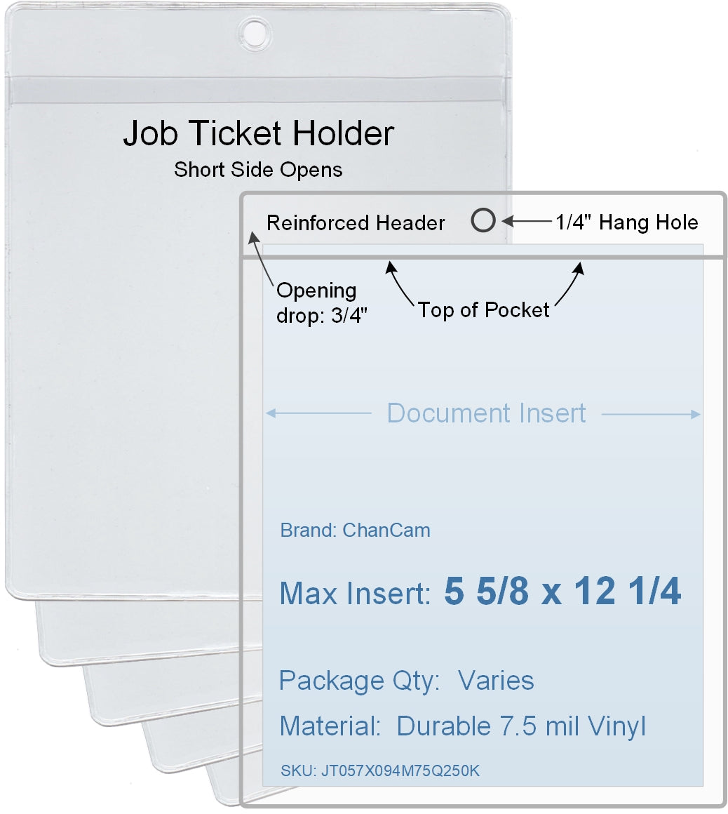 ChanCam vinyl sleeve, open short side, hanging document holder, insert size: 5 5/8 x 12 1/4, product size: 5 7/8 x 13, package quantity 100, 7.5 mil clear vinyl