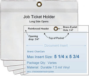 ChanCam vinyl sleeve, open long side, hanging document holder with brass eyelet, insert size: 5 1/4 x 5 3/4, product size: 6 x 6, package quantity 100, 7.5 mil clear vinyl