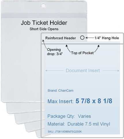 ChanCam vinyl sleeve, open short side, hanging document holder, insert size: 5 7/8 x 8 1/8, product size: 6 1/8 x 8 7/8, package quantity 100, 7.5 mil clear vinyl