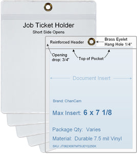 ChanCam vinyl sleeve, open short side, hanging document holder with brass eyelet, insert size: 6 x 7 1/8, product size: 6 1/4 x 7 7/8, package quantity 100, 7.5 mil clear vinyl