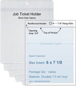 ChanCam vinyl sleeve, open short side, hanging document holder, insert size: 6 x 7 1/8, product size: 6 1/4 x 7 7/8, package quantity 100, 7.5 mil clear vinyl