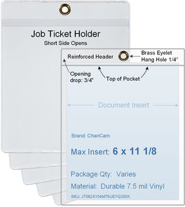 ChanCam vinyl sleeve, open short side, hanging document holder with brass eyelet, insert size: 6 x 11 1/8, product size: 6 1/4 x 11 7/8, package quantity 100, 7.5 mil clear vinyl