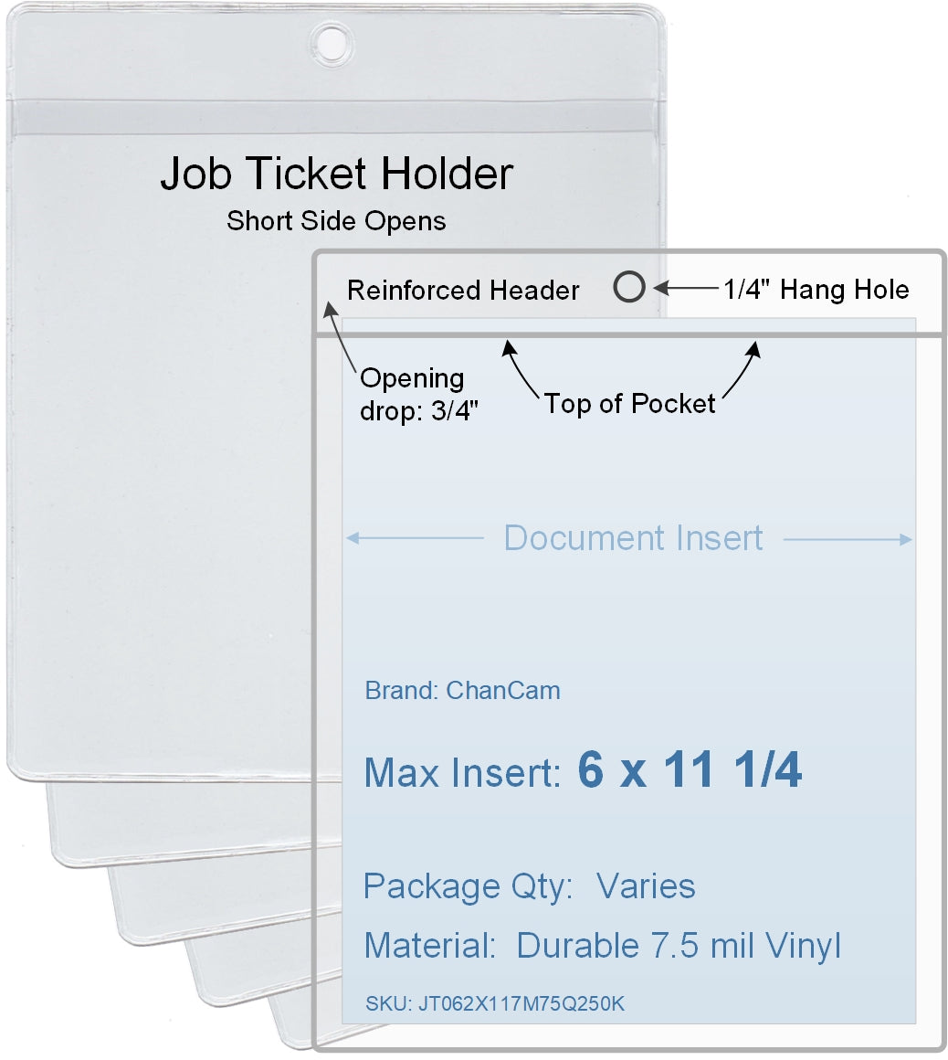 ChanCam vinyl sleeve, open short side, hanging document holder, insert size: 6 x 11 1/4, product size: 6 1/4 x 12, package quantity 100, 7.5 mil clear vinyl